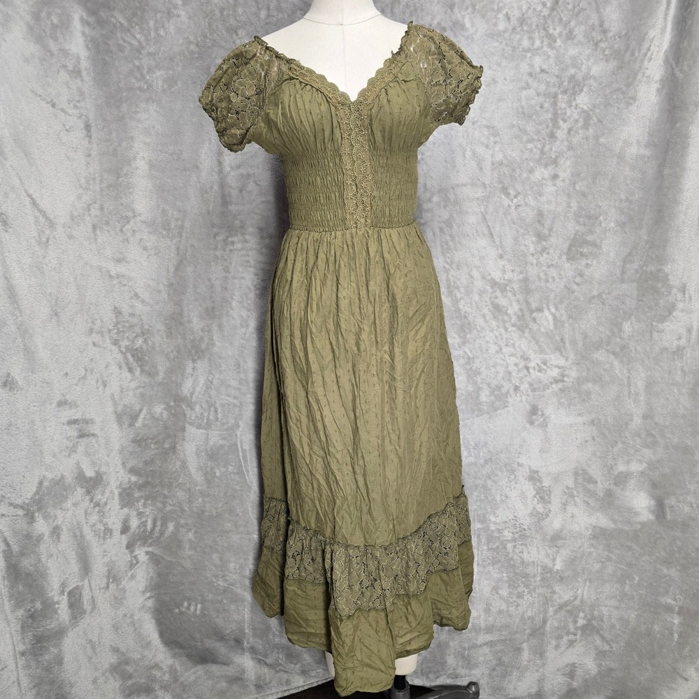 Anna-Kaci Midi Dress Women S Olive Green Lace Smocked Cottagecore Garden Prairie